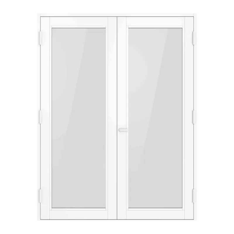 White-framed double French door render with clear glass on a white background
