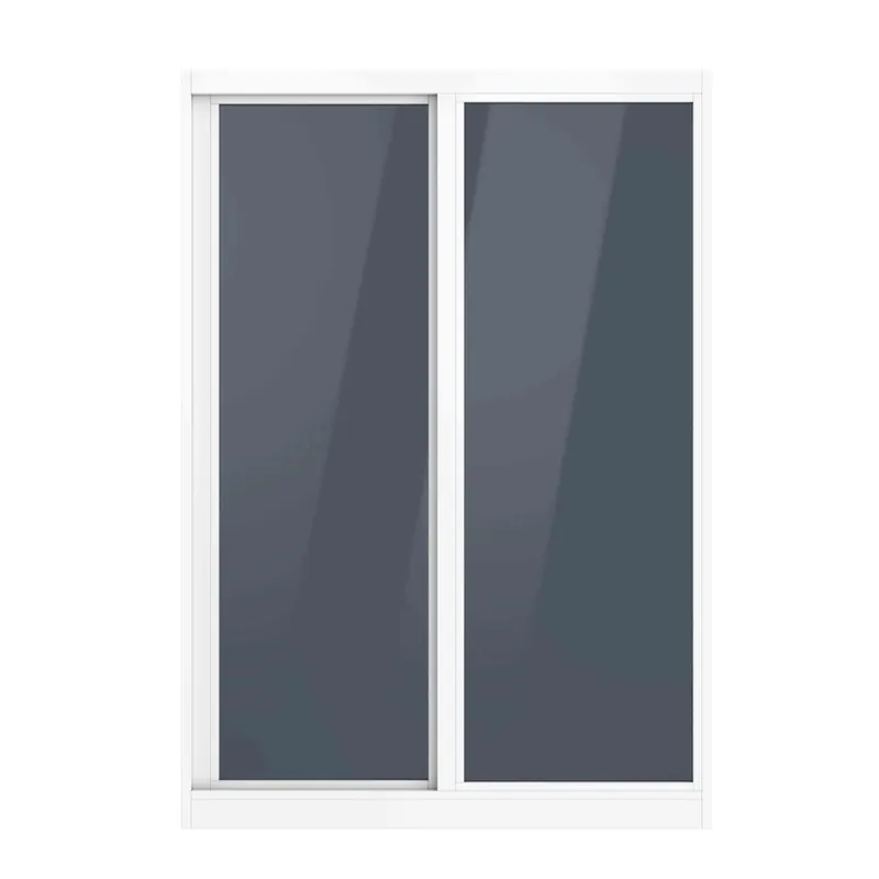 White-framed two-panel horizontal rolling window render with dark tinted glass