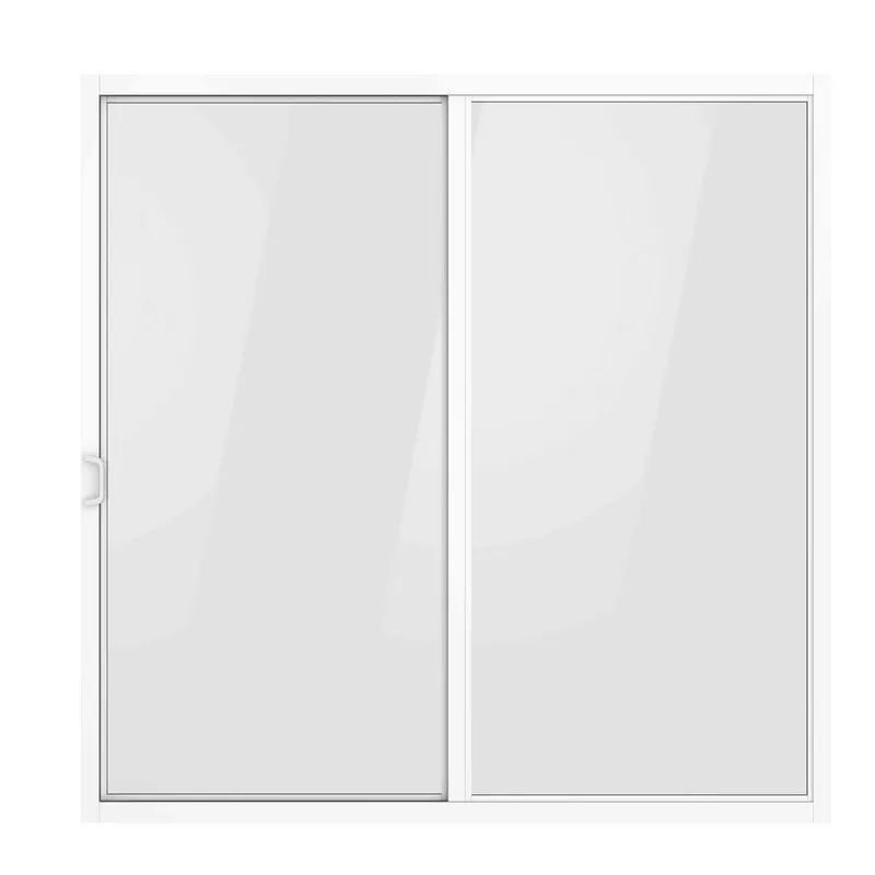 White-framed two-panel sliding glass door render with clear glass