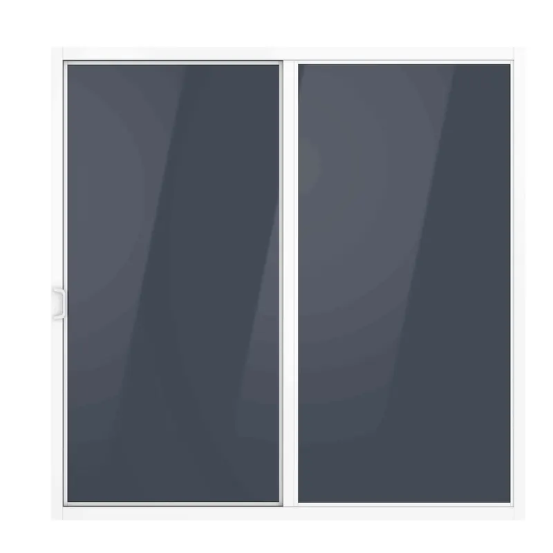 White-framed two-panel sliding glass door render with dark tinted glass