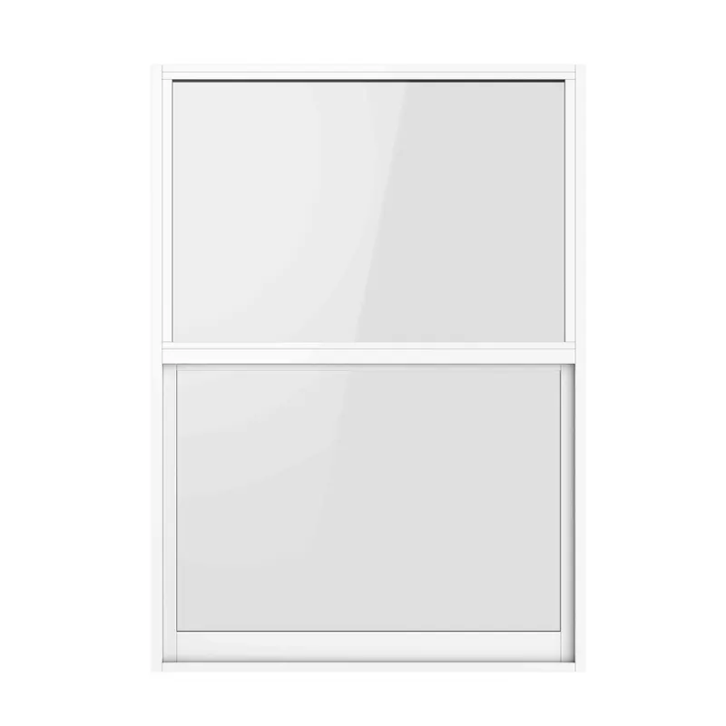 White-framed single hung window render with clear glass on a white background
