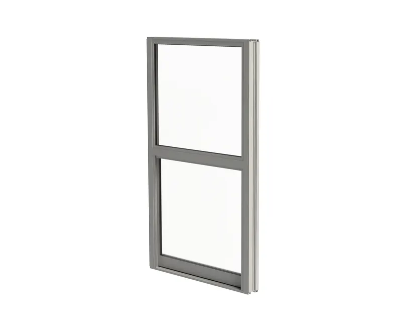 Gray-framed single hung window with two glass lites, product render on white background
