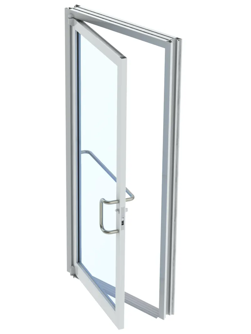 Narrow-stile white-framed full-glass swing door shown partly open, product render on white background