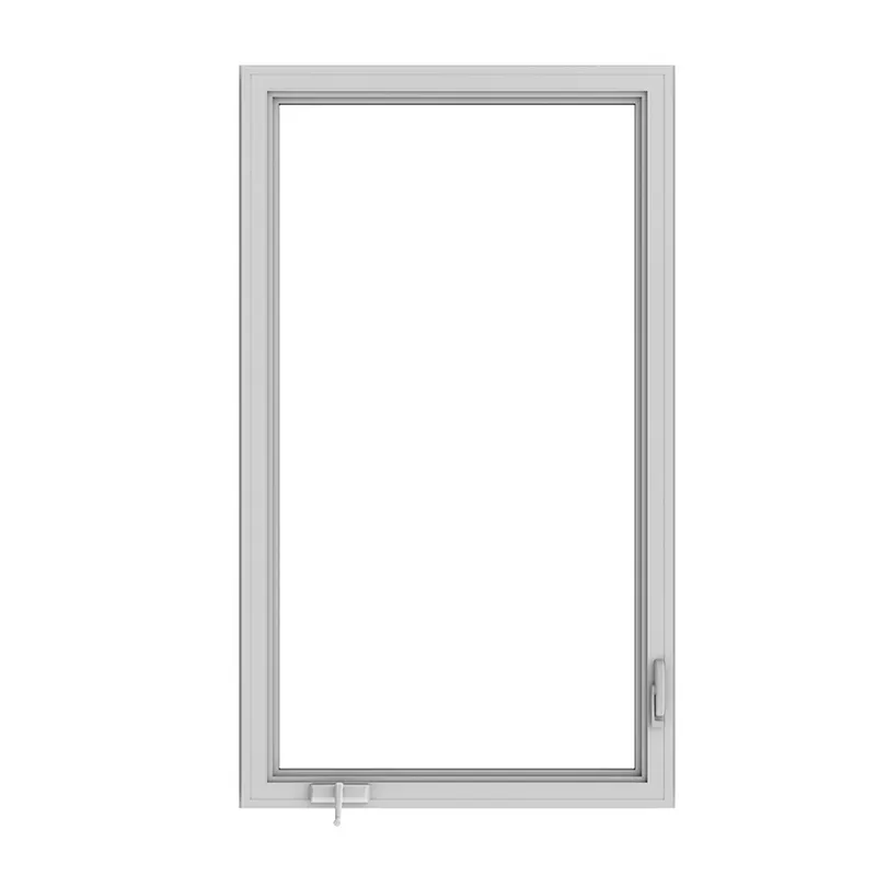White-framed casement window with a rotating crank handle at the lower corner, product render on white background