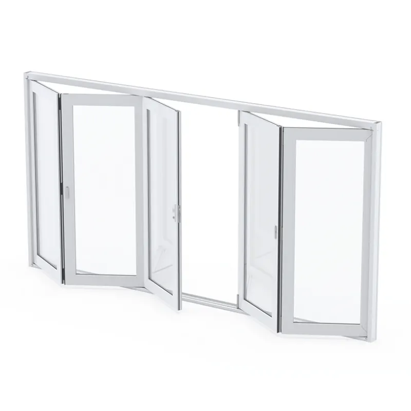 Silver-framed multi-panel bifold glass door with panels partly folded open, product render on white background