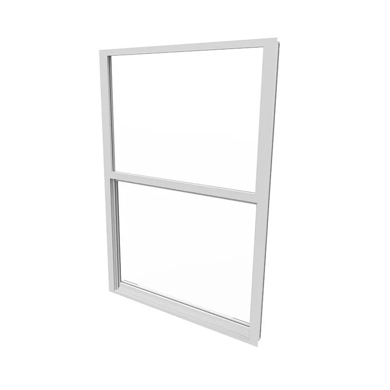 White-framed single hung window with two equal glass lites, product render on white background