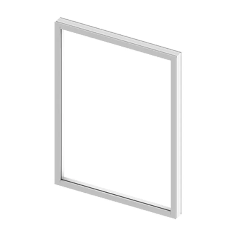 Silver-gray rectangular fixed window frame with clear glass, product render on white background