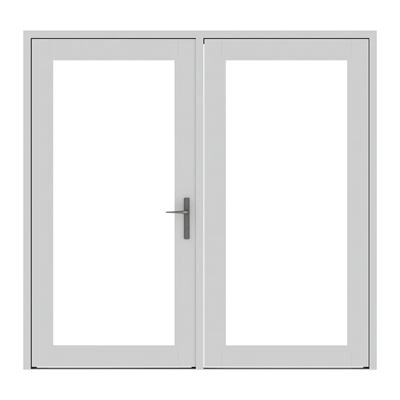 White-framed pair of full-glass French doors with a lever handle, product render on white background