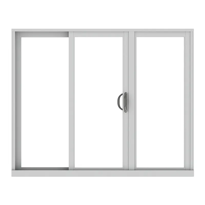 White-framed three-panel sliding glass door with a round pull handle on the center panel, product render