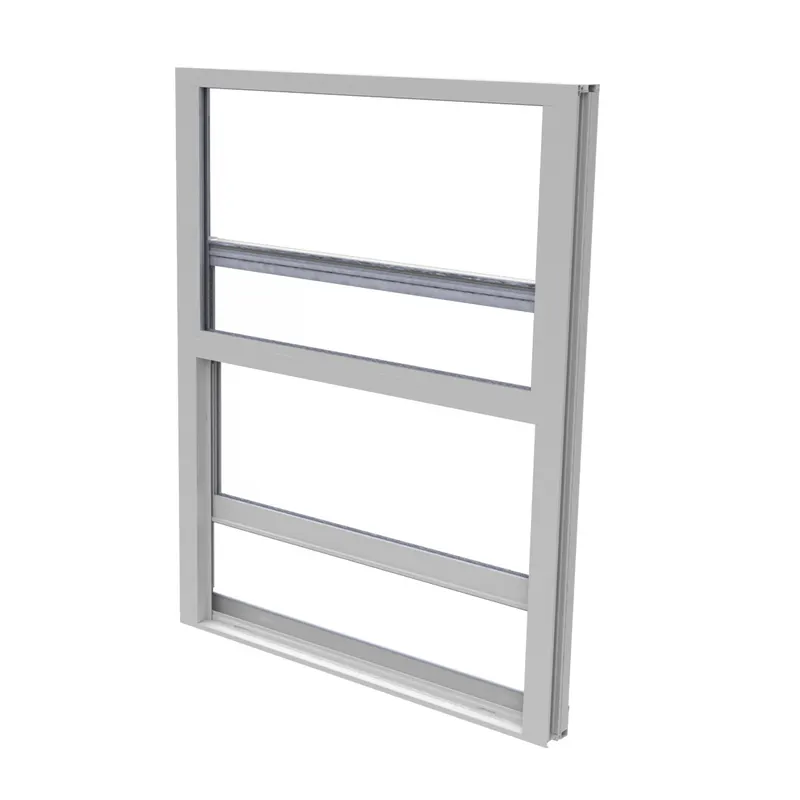 White-framed single hung window with a narrow upper transom lite, product render on white background