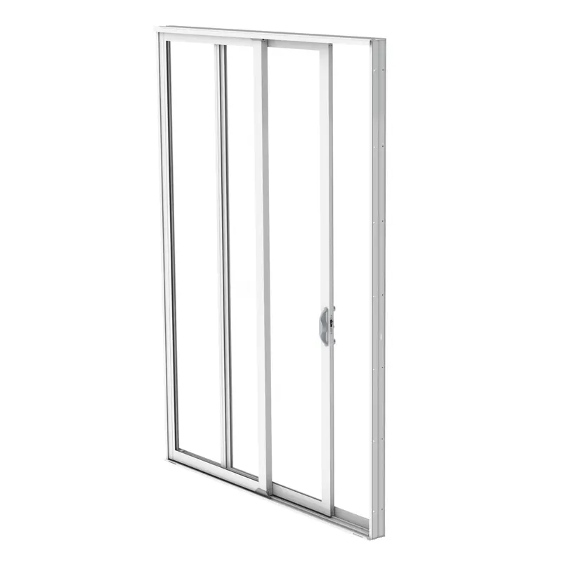 White-framed sliding glass door with three tall panels, product render on white background