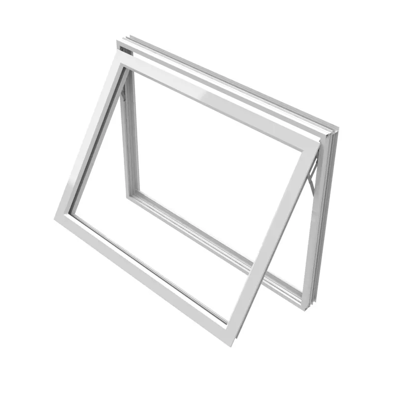 White-framed project-out window with the sash tilted open at the bottom, awning configuration, product render on white background