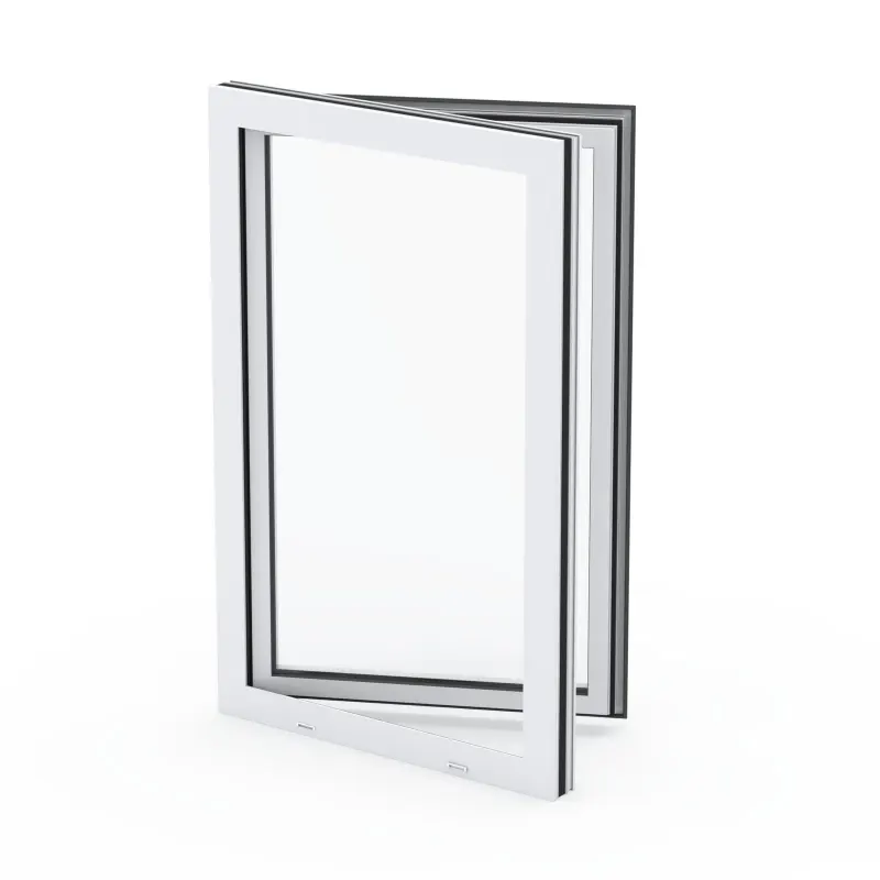 White-framed project-in casement window with the sash swung inward, product render on white background