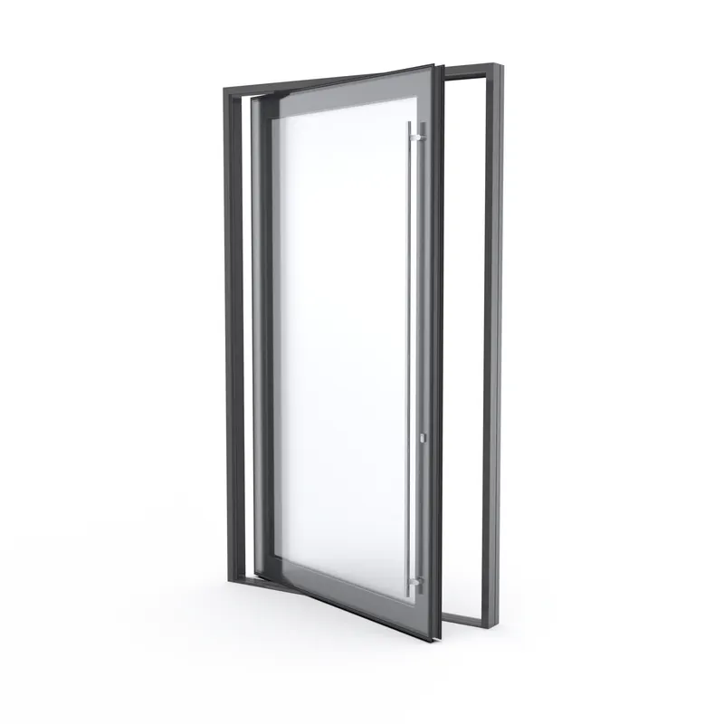 Dark gray-framed full-glass pivot door shown partly open, product render on white background