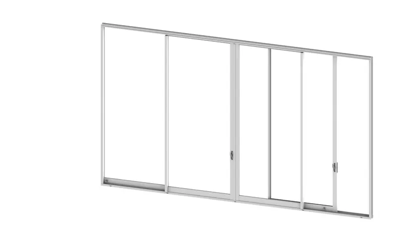 White-framed multi-panel sliding glass door with panels stacked open, product render on white background