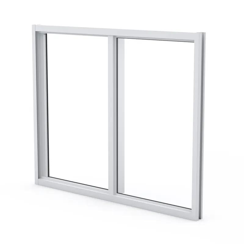 White-framed two-panel horizontal roller window, product render on white background