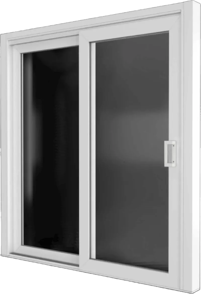 White aluminum two-panel sliding glass door render, transparent background