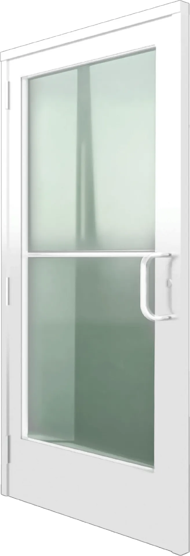 White aluminum commercial swing door render with tinted glass and pull handle, transparent background