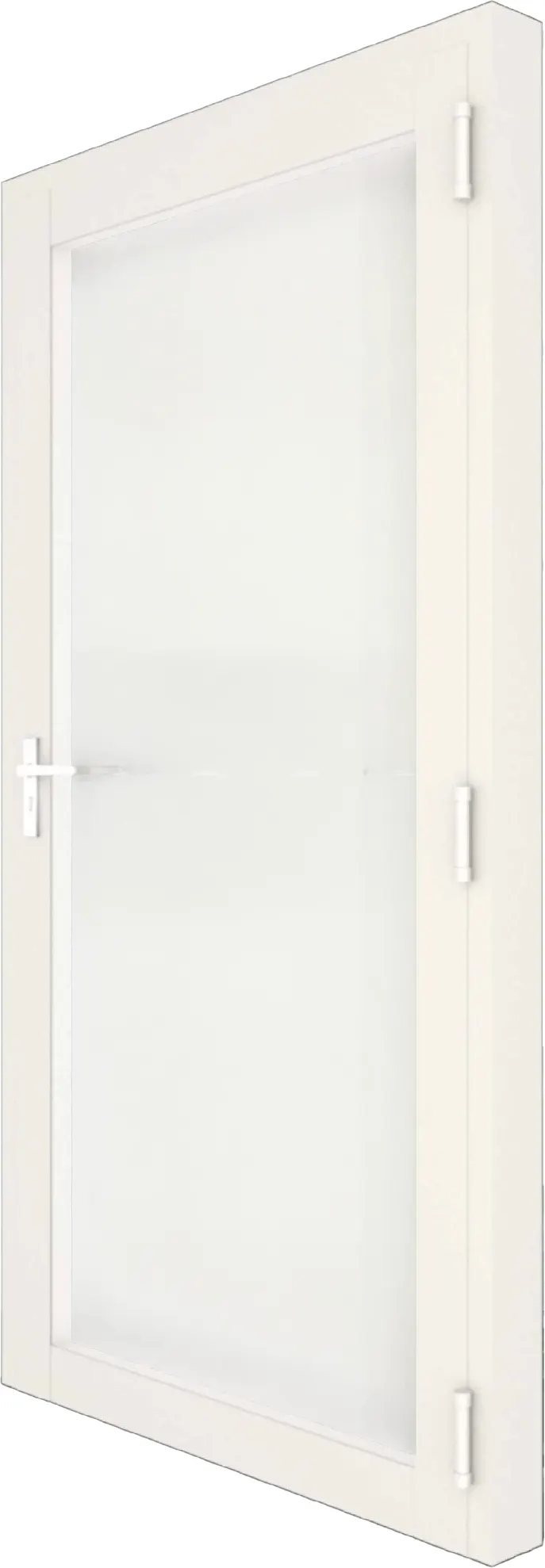 White aluminum residential swing door render with full glass panel, transparent background