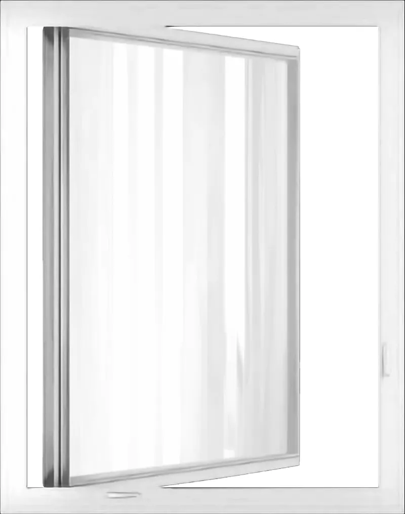 White aluminum casement window render with the sash partly open, transparent background
