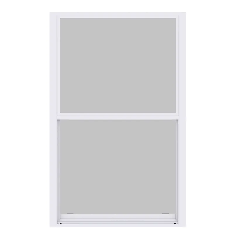White-framed single hung window with two equal lites, front-view product render on white background