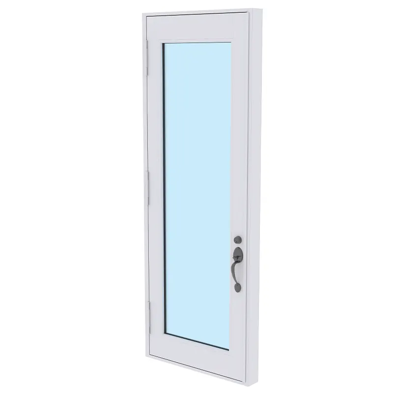 White-framed single full-glass door panel with a lever handle, product render on white background