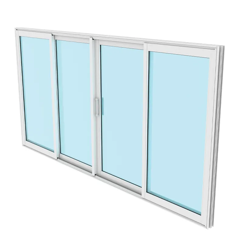 White-framed four-panel sliding glass door with tinted glass, angled product render on white background