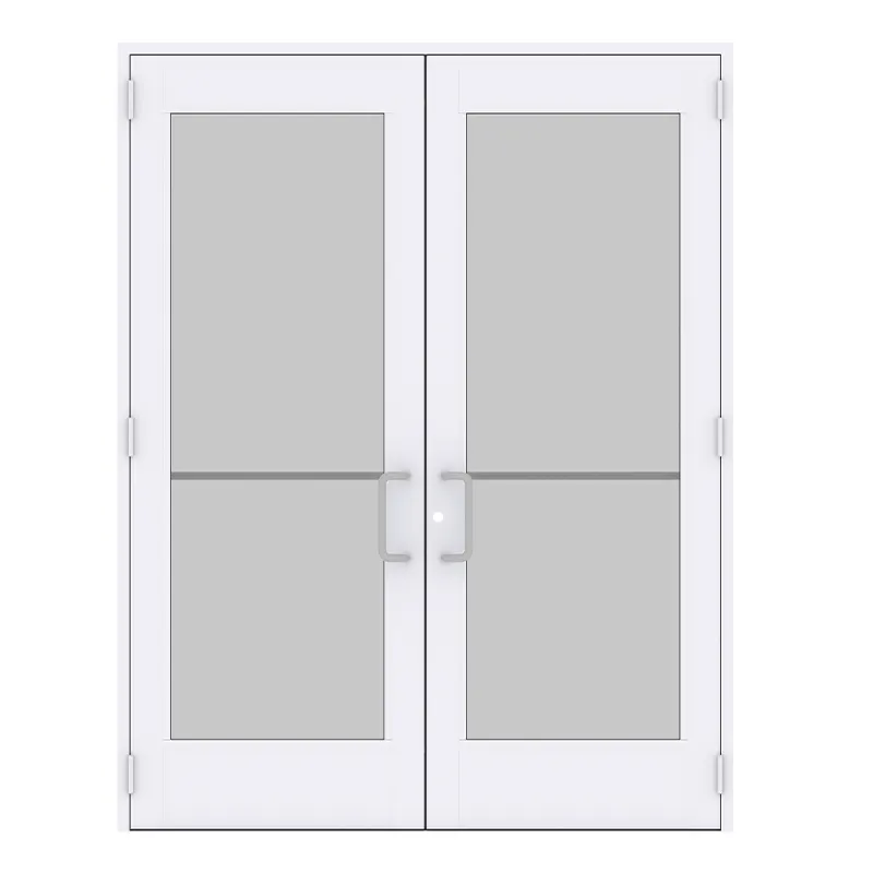 White-framed pair of glass entrance doors with horizontal mid-rails and pull handles, front-view product render