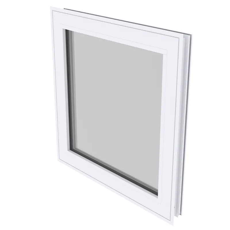 White-framed fixed casement-style window shown at an angle, product render on white background