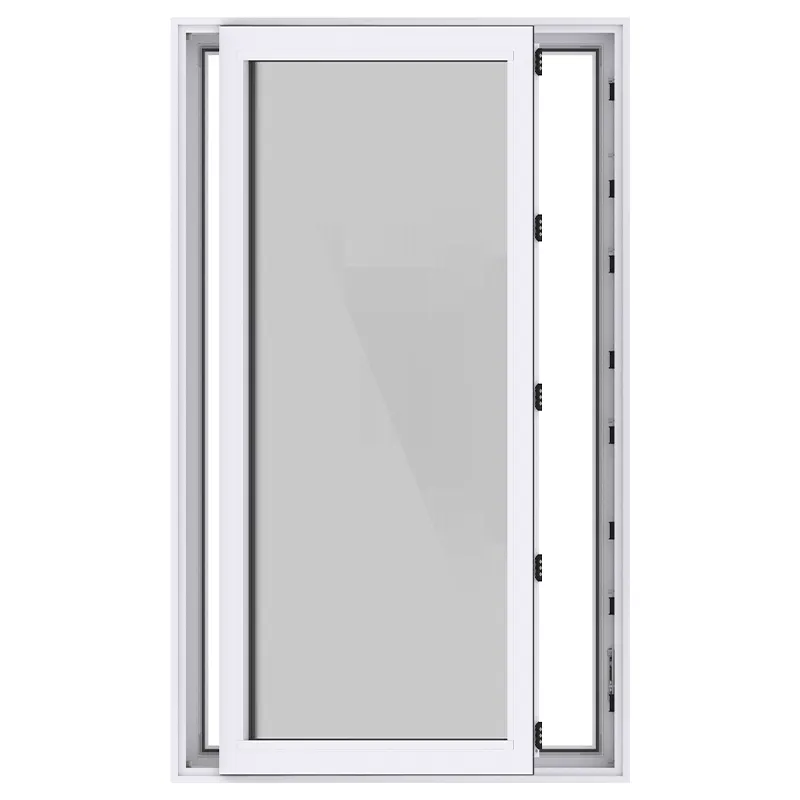 White-framed casement window with the sash shown slightly open and hinge hardware visible, product render on white background