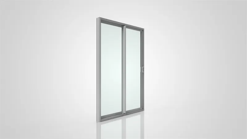 Silver-framed two-panel sliding glass door rendered on a light gray background