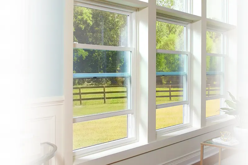 Interior room with a row of white-framed single hung windows looking out onto a green pasture with trees
