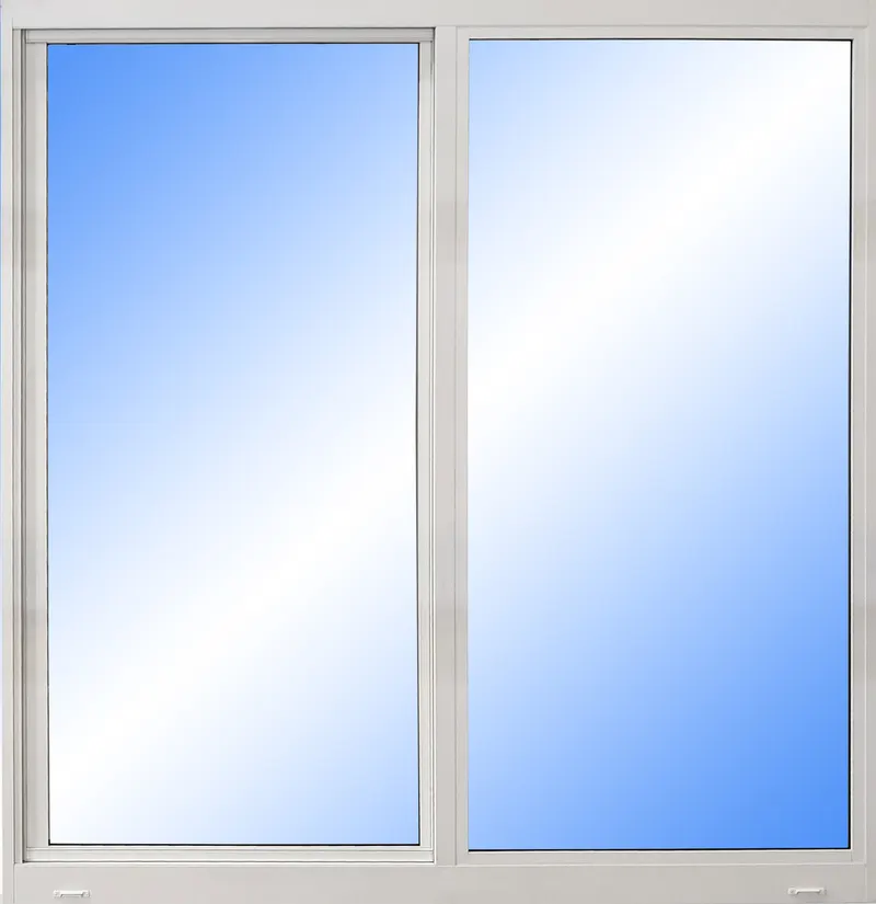 White-framed two-panel horizontal sliding window shown on a plain white background