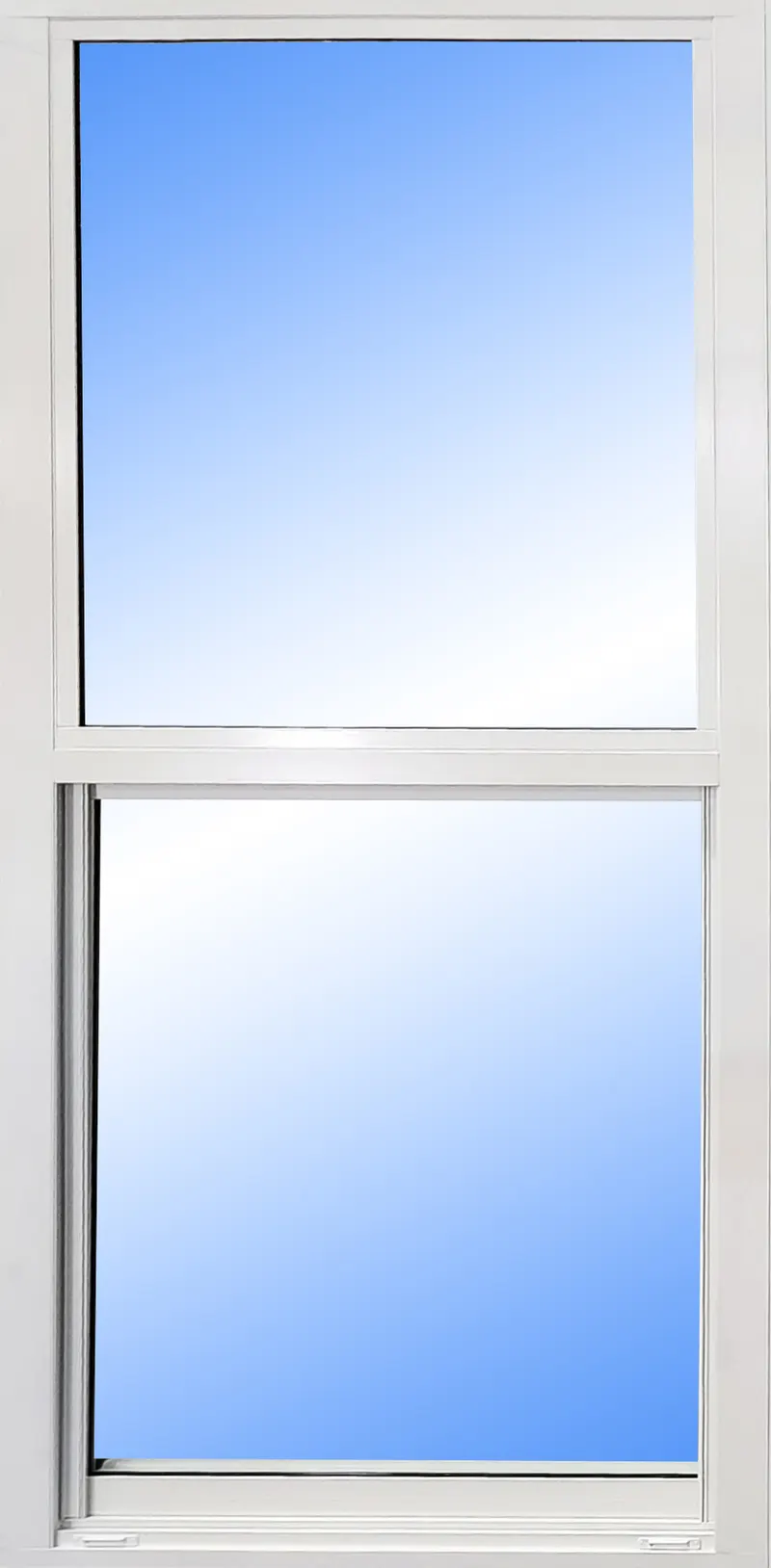 White-framed single hung window with two glass panes, shown on a plain white background