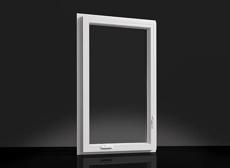 White vinyl casement window product shot on a dark background