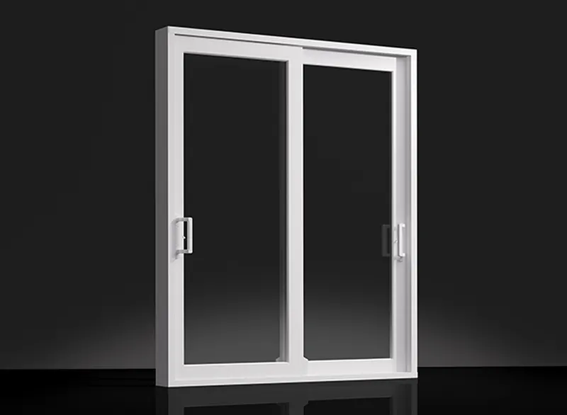 White vinyl two-panel sliding glass door product shot on a dark background