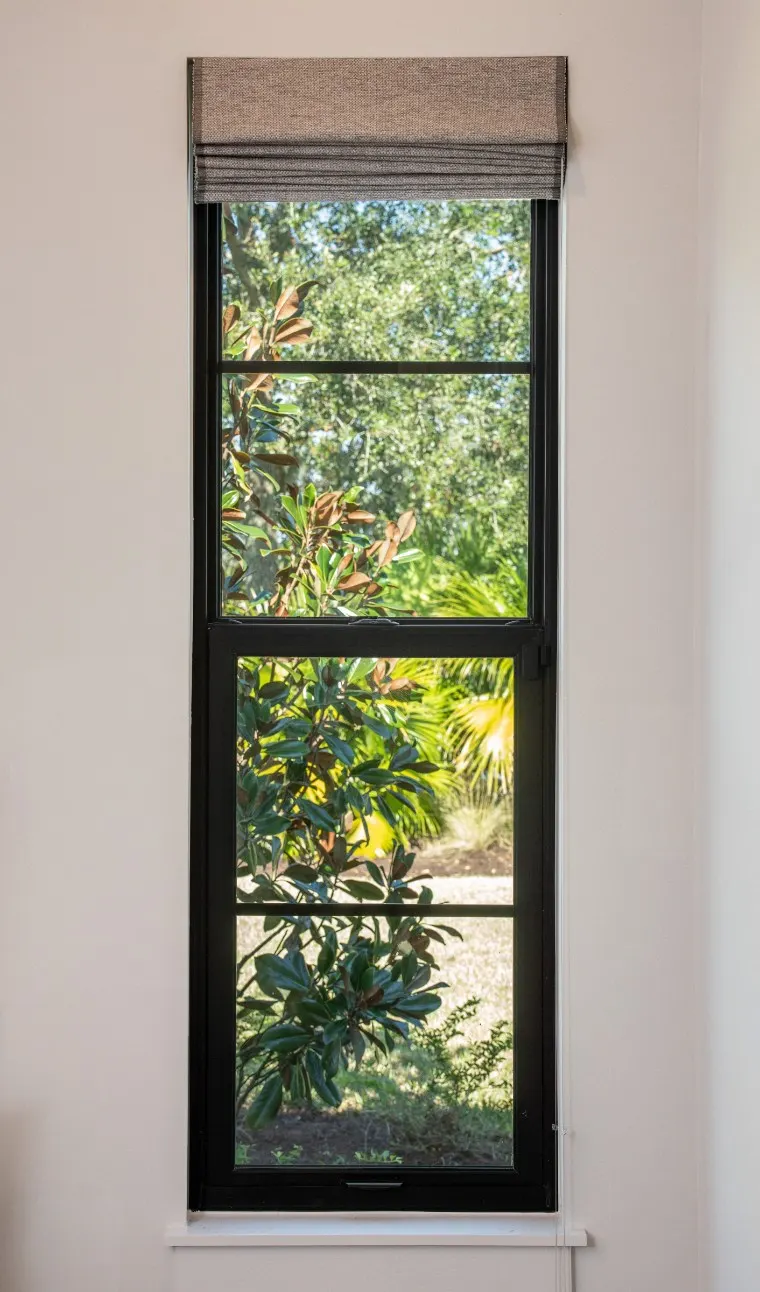 Tall black-framed single hung window with grids in a white interior wall, trees visible outside