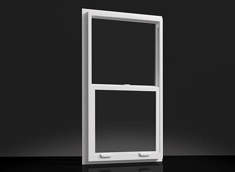 White vinyl single hung window product shot on a dark background