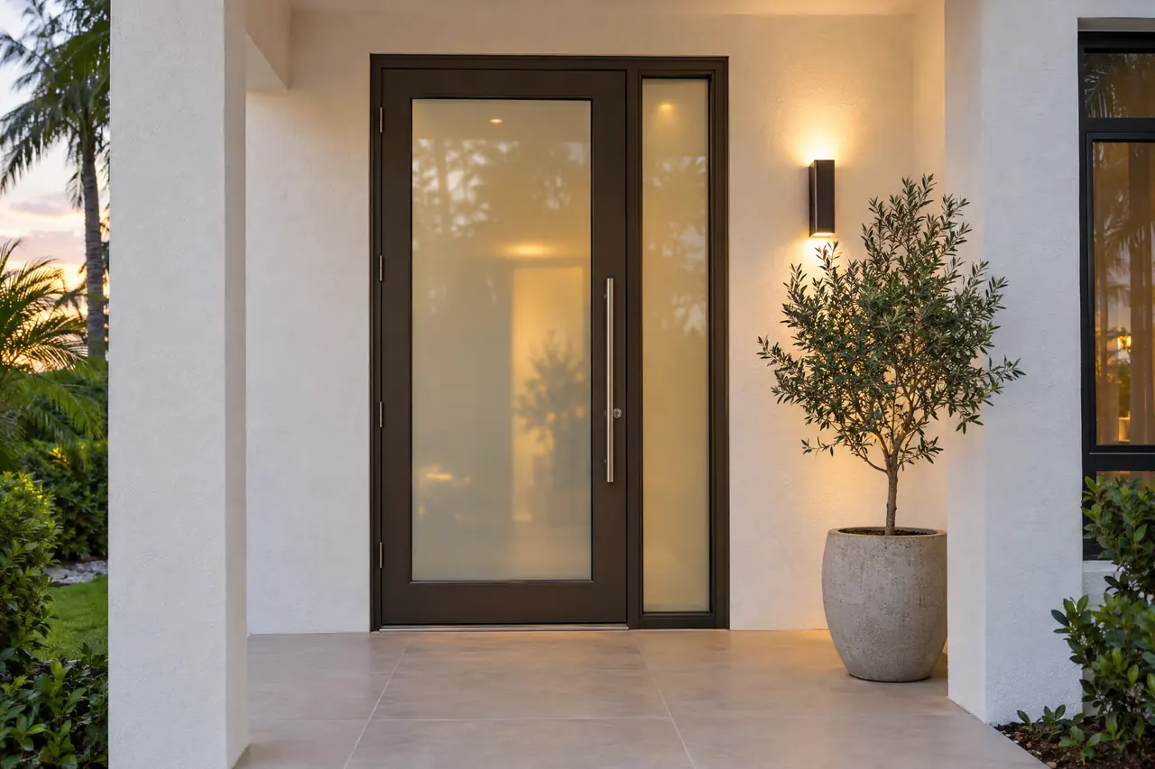 Dark bronze impact entry door with frosted glass and a narrow sidelite at a covered front entrance