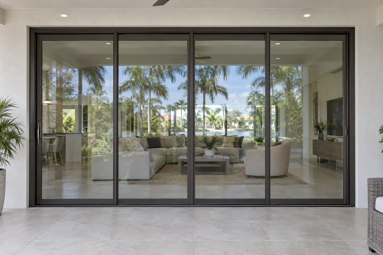 Four-panel bronze multitrack sliding glass door between a living room and covered lanai