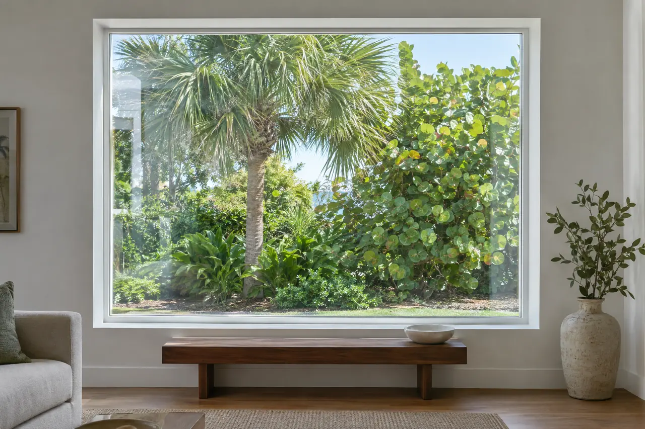 Large fixed impact picture window framing a tropical garden from a living room