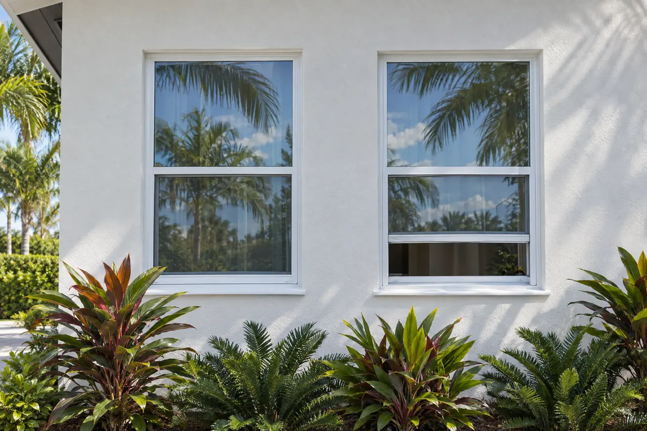 Two white single-hung impact windows in a stucco wall, one lower sash raised for ventilation