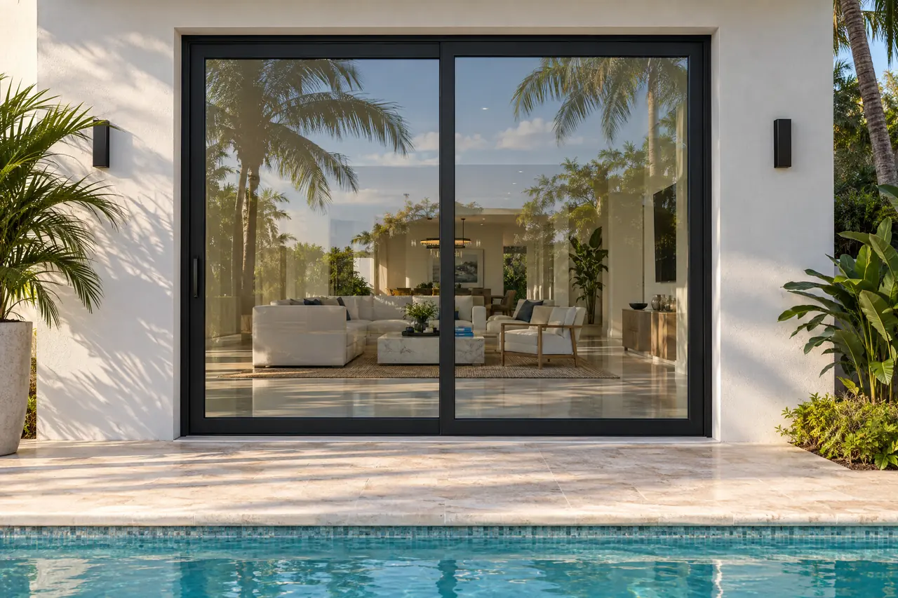 Two-panel black impact sliding glass door opening onto a pool deck