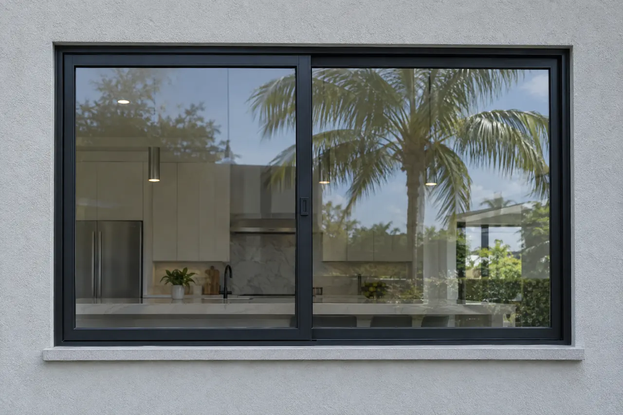 Black two-panel horizontal sliding impact window above a kitchen counter, seen from outside