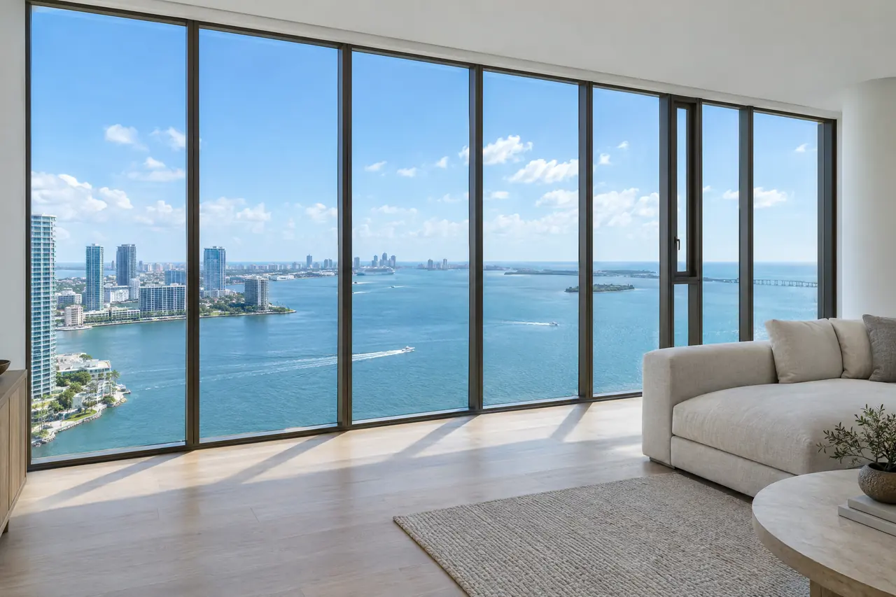 Condo living room with a floor-to-ceiling aluminum window wall overlooking Biscayne Bay