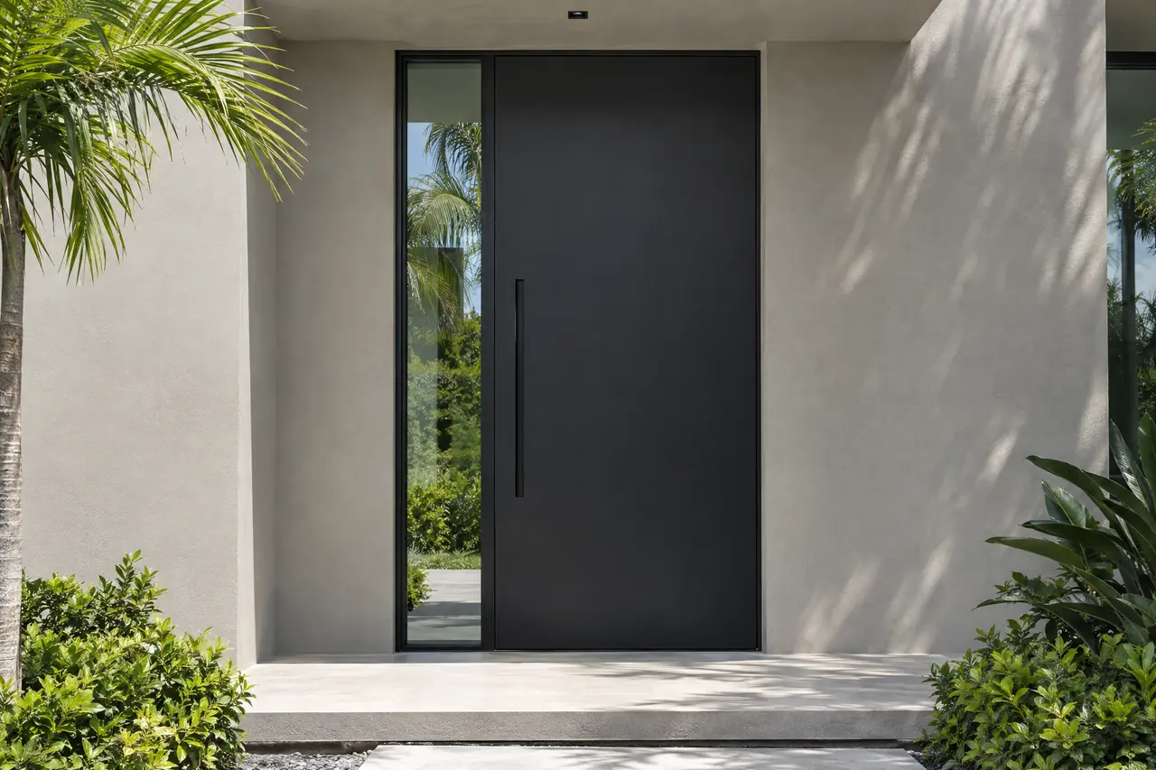 Flush matte black contemporary entry door with concealed hinges and a full-height sidelite